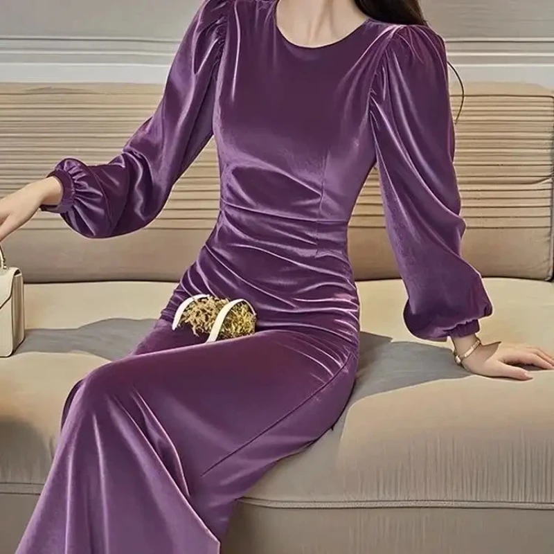 

Elegant Women's Long Sleeve Floor Length Dress With Puff Sleeves And Ruched Detailing For Spring Autumn Wear