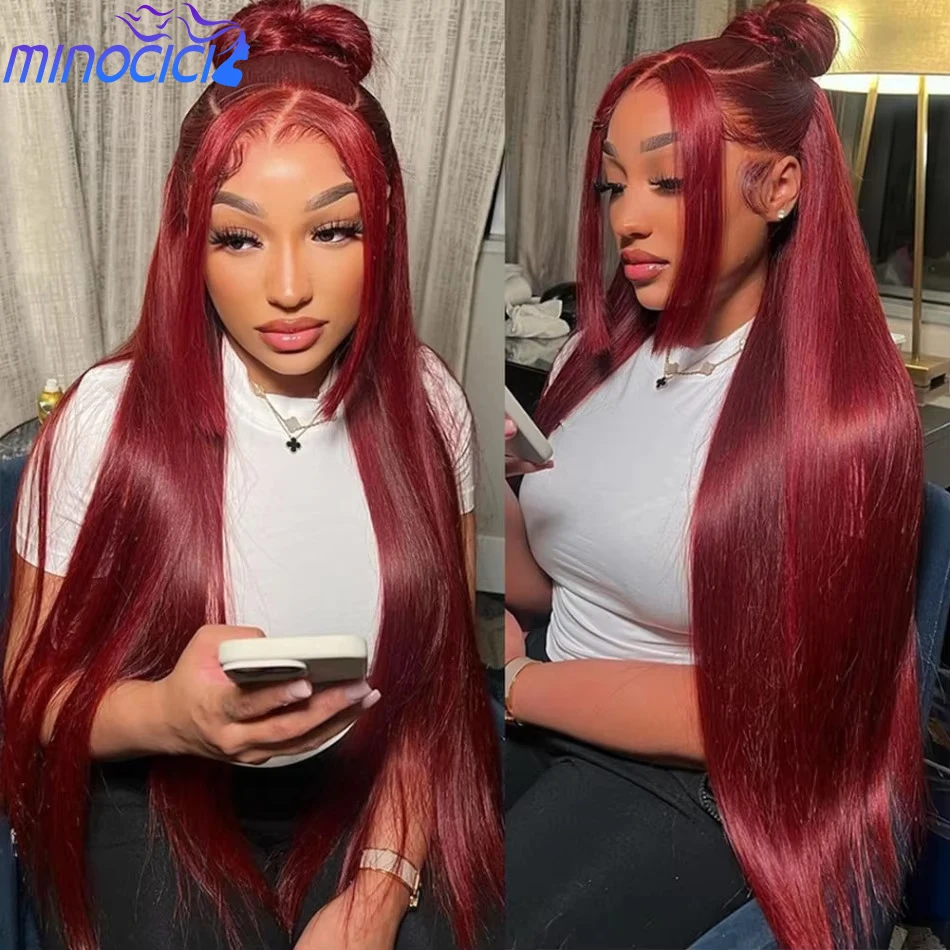 

99J Straight Human Hair Wig Burgundy 13X6 Hd Lace Frontal Human Hair Wig 220 Density Colored Preplucked Brazilian Lace Front Wig