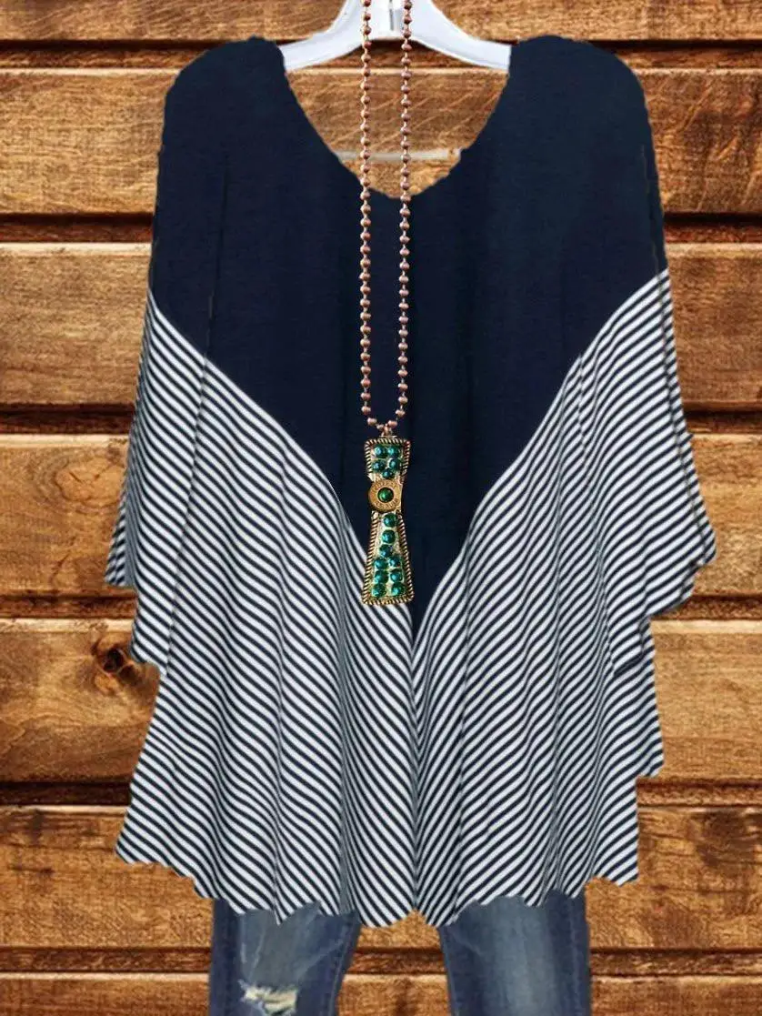 

Plus Size Women V-neck 3/4 Sleeve Stitching Striped Top