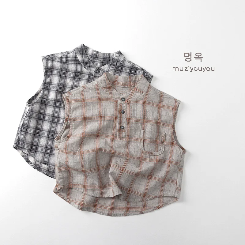 

Children's Plaid Sleeveless Shirt 2025 New Style for Boys and Girls Summer Shirt Baby Korean Version Versatile Top Trend