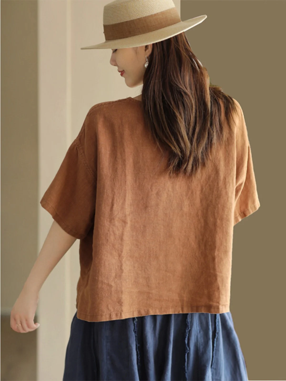 Camiseta informal holgada de algodón y lino ort Sve para mujer, Top redondo cómodo que combina con todo, Top Vintage Sle de verano