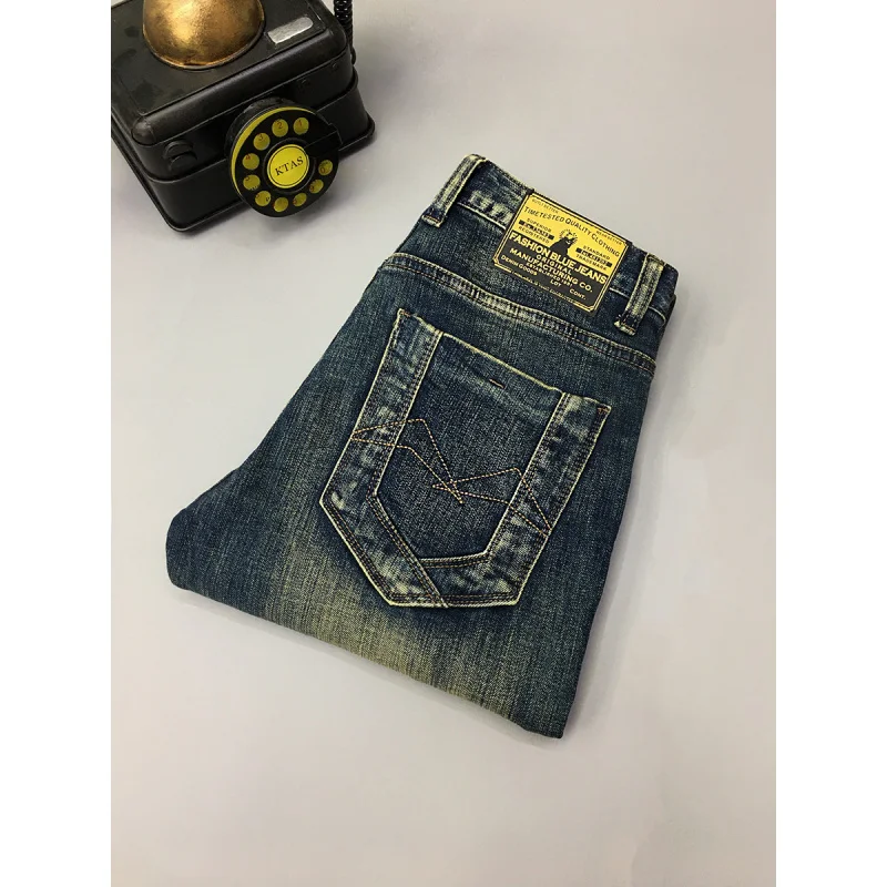 男性用のレトロな破れたジーンズ、トレンディで多用途、スリムフィット、小さなストレートチューブ、スクレープパッチ、アメリカンスタイルのダメージパンツ
