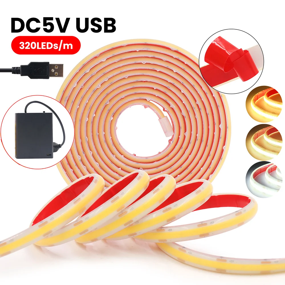 USB/Battery Powered COB Strip 5V IP68 Waterproof LED Light 3000K 4000K 6000K 320LEDs/m Flex Adhesive Tape Clear Tube Lamp