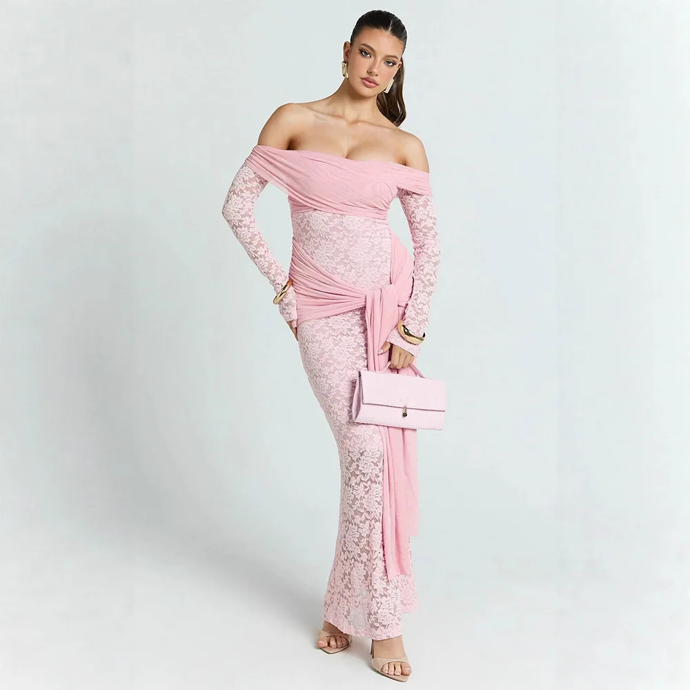 Absobe 2025 الخريف الشتاء الدانتيل شبكة شير قبالة الكتف فستان ماكسي المرأة كم طويل سليم Bodycon فستان حفلة أنيقة مثير الزي