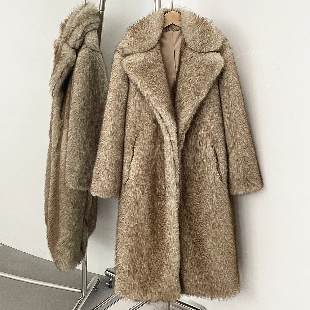 

Faux Fur Coat Fashion European Style Long Eco-friendly Fur Jacket Lapel All Match Covered Button Loose Casual Women Coats Winter