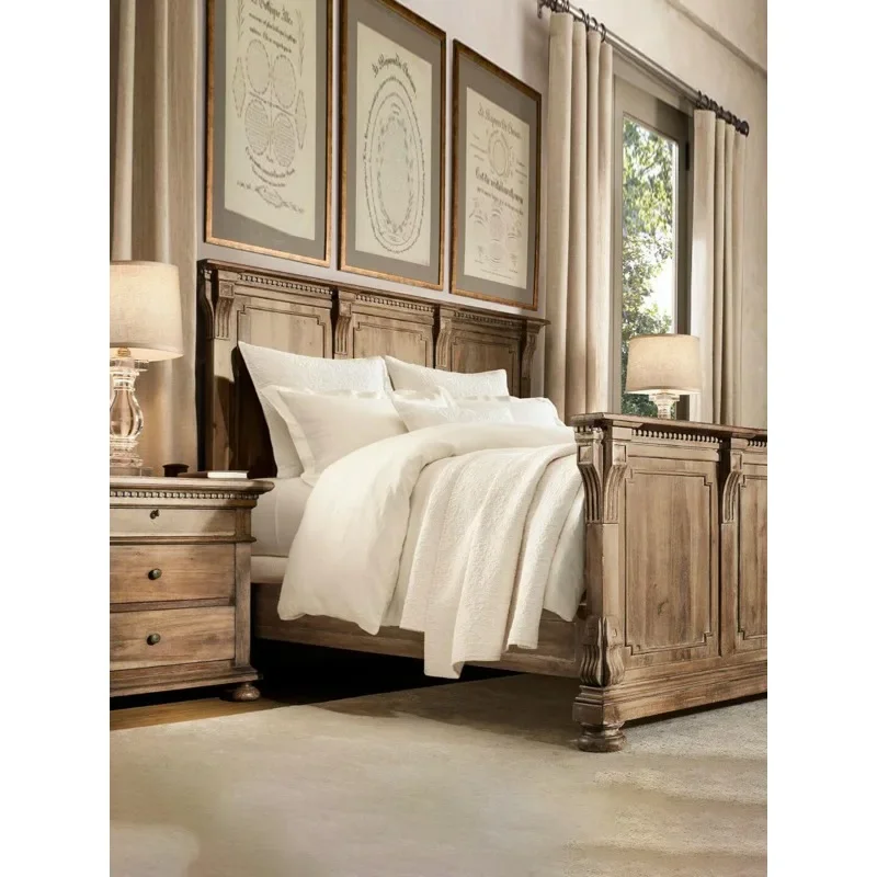 Solid wood bed 1.8 meters double, master bedroom furniture hand-carved oak retro old flat head wedding bed