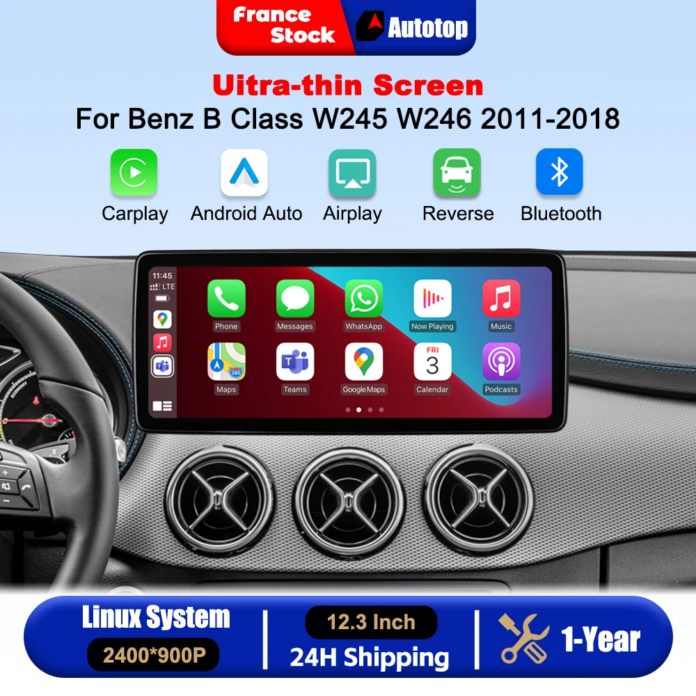 Wireless CarPlay Android Auto 12.3 Inch 2400*900P Touch Screen For Mercedes Benz B Class W245 W246 2011-2018 NTG4.5 NTG5.0 Car Intelligent Systems Smart Multimedia Car Radio With Bluetooth GPS Navigation Autolink Navi Mirror Link AirPlay