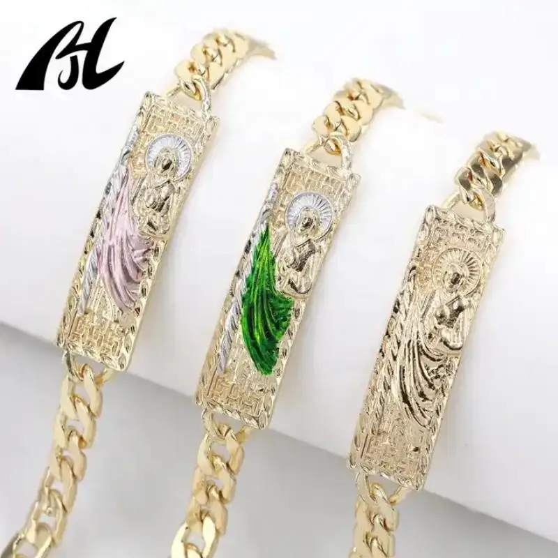 14kGold Oro Laminado Green San Judas Tadeo Bracelet Men Women Punk Unique Bracelet religious Platinum Bracelet Religious Jewelry