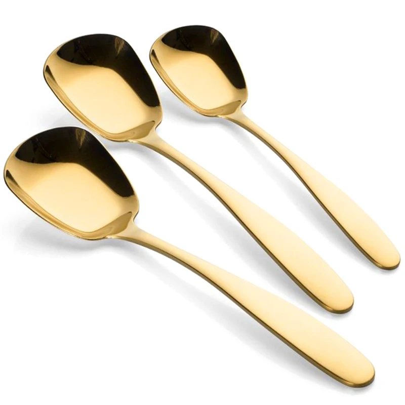 3 Pcs/Set Stainless Steel Flat Spoons Chinese Silver Soup Coffee Tea Dinner Gold Spoon Sets Kitchen Accessories-Gold