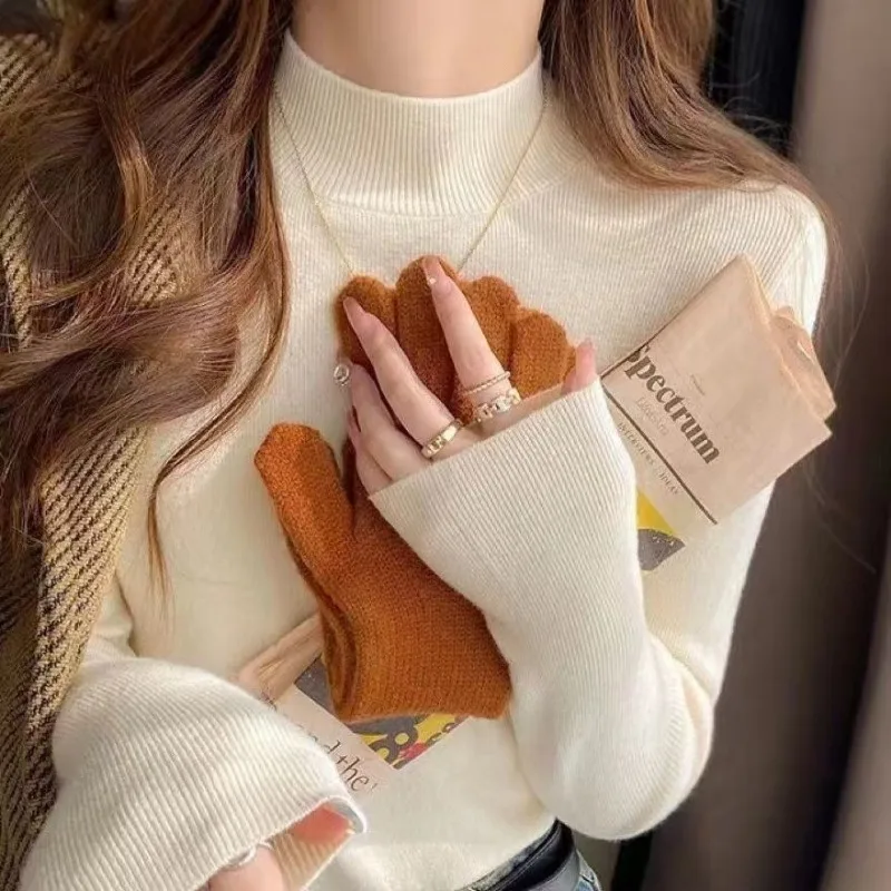 Women Fleece Lined Mock Neck Knit Sweater Autumn Winter Long Sleeve Inner Wear Versatile Elegant Pullover Top