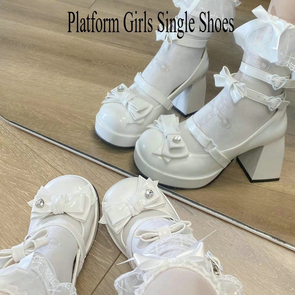 أحذية لوليتا الحلوة الوردي Kawaii القوس الكعوب الفتيات منصة الفتيات أحذية واحدة الصيف كعب عالي مكتنز مضخات الأصلي #4