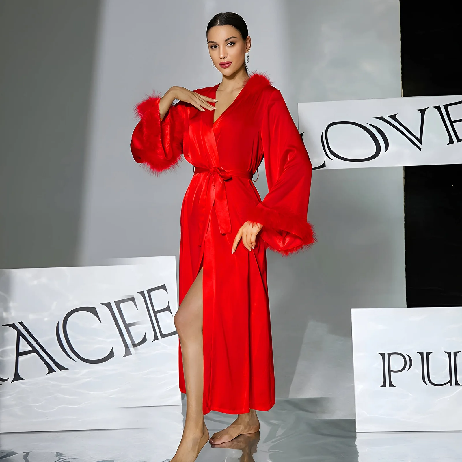 Cross-border Light Luxury Women's Satin Nightgown Fluffy Cuffs Long Morning Gown Can Be Worn Outside Loungewear Cw75468