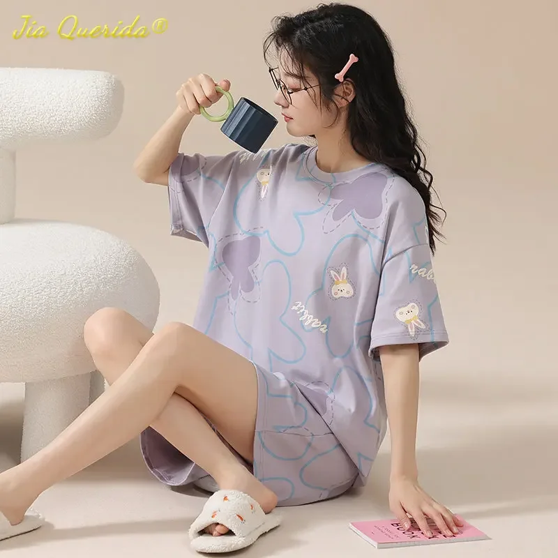 Kawaii Rabbit Print Women\'s Pajamas Set 100% Cotton High Quality Pijamas Short Sleeve Nightwear Fashion Lingerie Sleep Wear