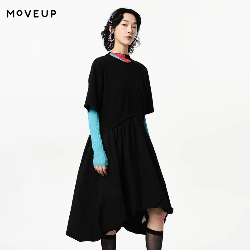

MOVEUP Short Sleeved Round Neck Dress 2026 Spring New Irregular Hemline Pleated Loose Commuting Knitted A-Line Dress 124111303