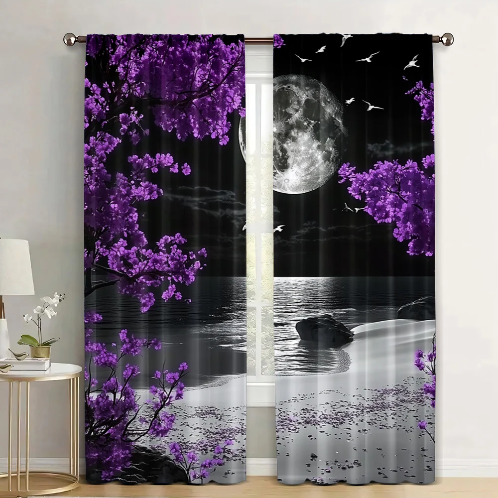 

2pc, Window Drapes The moon hangs over the ocean Durable Polyester,Without Electricity Holiday Decorations Applies to Holiday