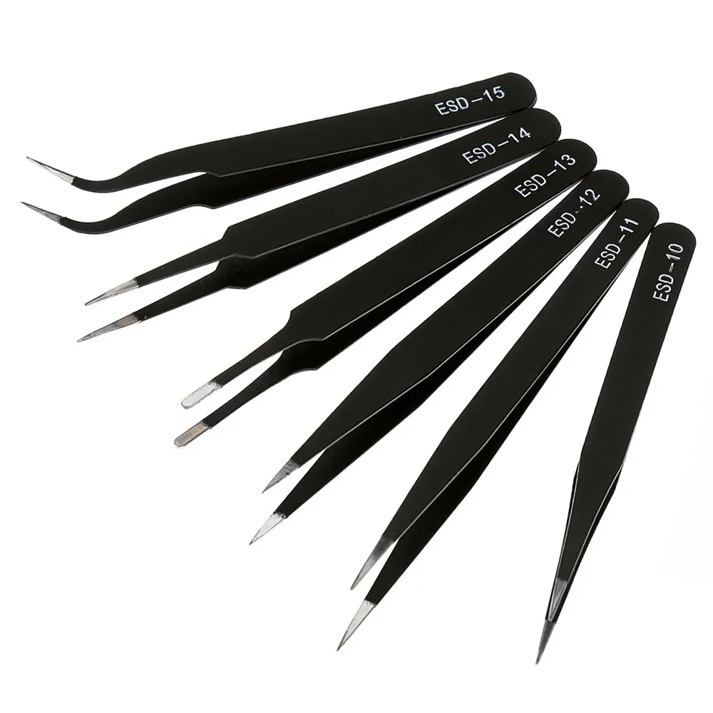 6pcs Anti-Static Stainless Steel Tweezer Set Maintenance Repair Tool Kit Anti Static Model Making Tool Hand Tool Set