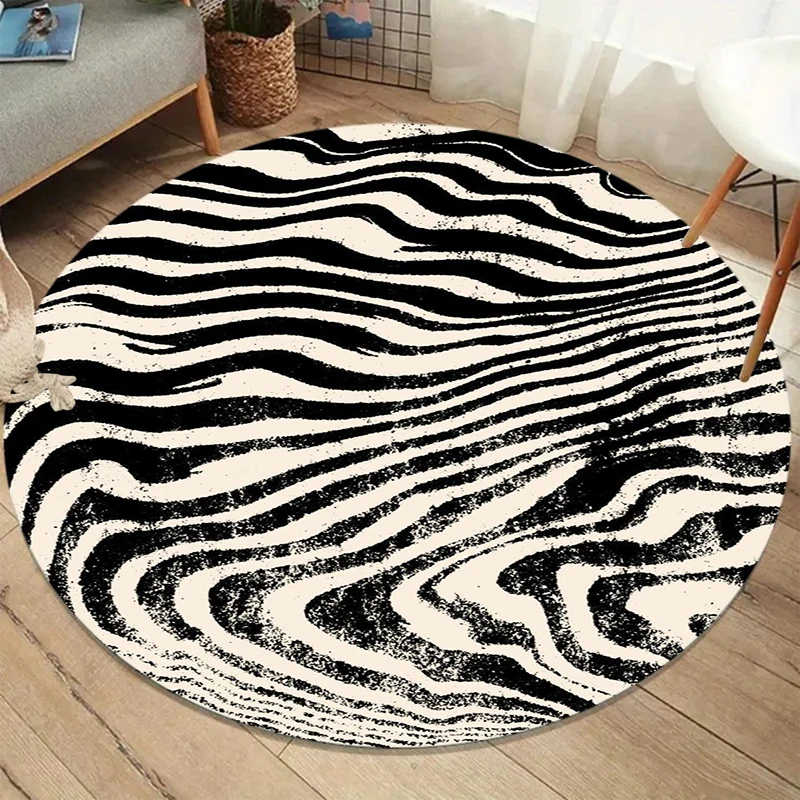 Distressed Zebra Print Round Area Rug, Black White Animal Print Non-Slip Floor Mat, Modern Living Room Decor Carpet  Floor Mats
