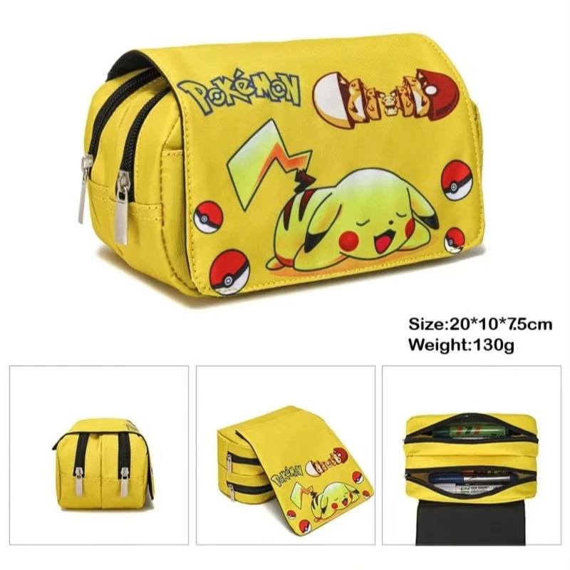 Cute Cartoon Animation Peripheral PokéMon Print Double-Layer Pencil Bag Student Large-Capacity Zipper Stationery Box Pencil Bag