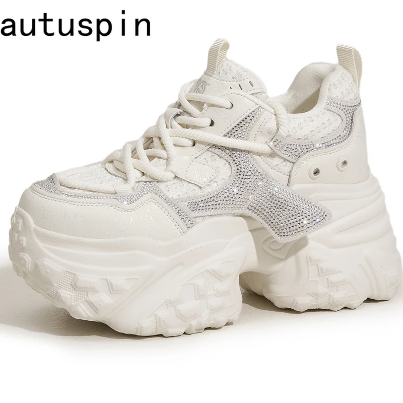 

AUTUSPIN 4-цветная женская обувь, зимние модные блестящие кроссовки, черные, белые, серые, винно-красные женские массивные кроссовки со стразами