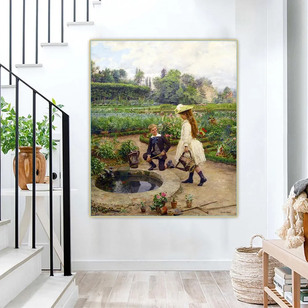 Marie Francois Firmin Girard "niños cerca de la piscina", lienzo, pintura al óleo, obra de arte estética, imagen de fondo, decoración del hogar