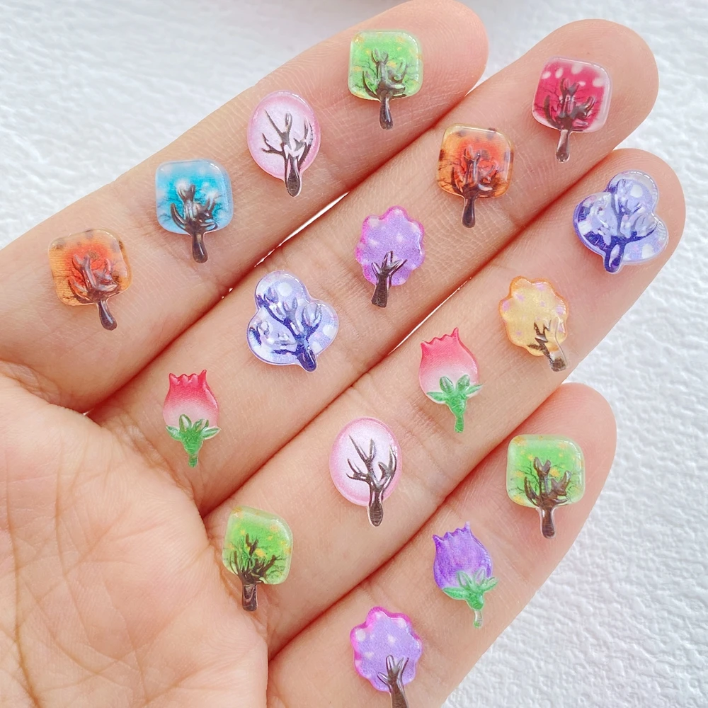 50Pcs Cute Resin Mini Colorful Vintage Fruit Trees, Flowers FlatBack Cabochon Ornament Jewelry Making Manicure Hairwear