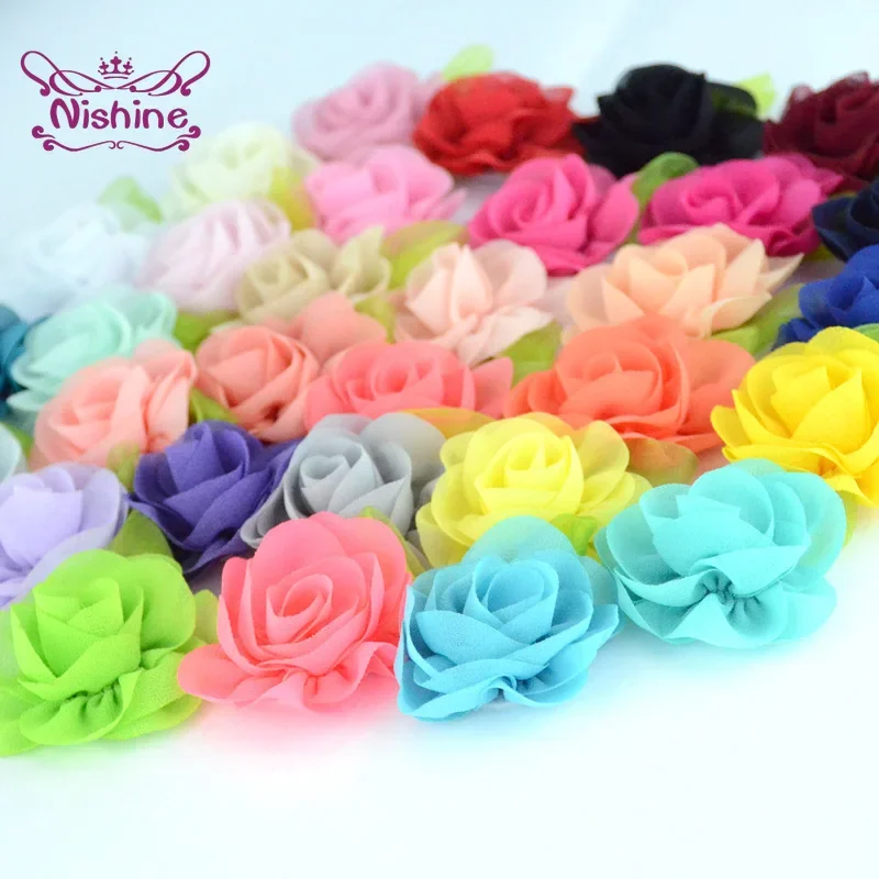 10pcs/lot Leaf Chiffon Flowers Rosette Rose Floral Kids Girls Hair Accessory Artificial Flower for Baby Women Diy Headwear