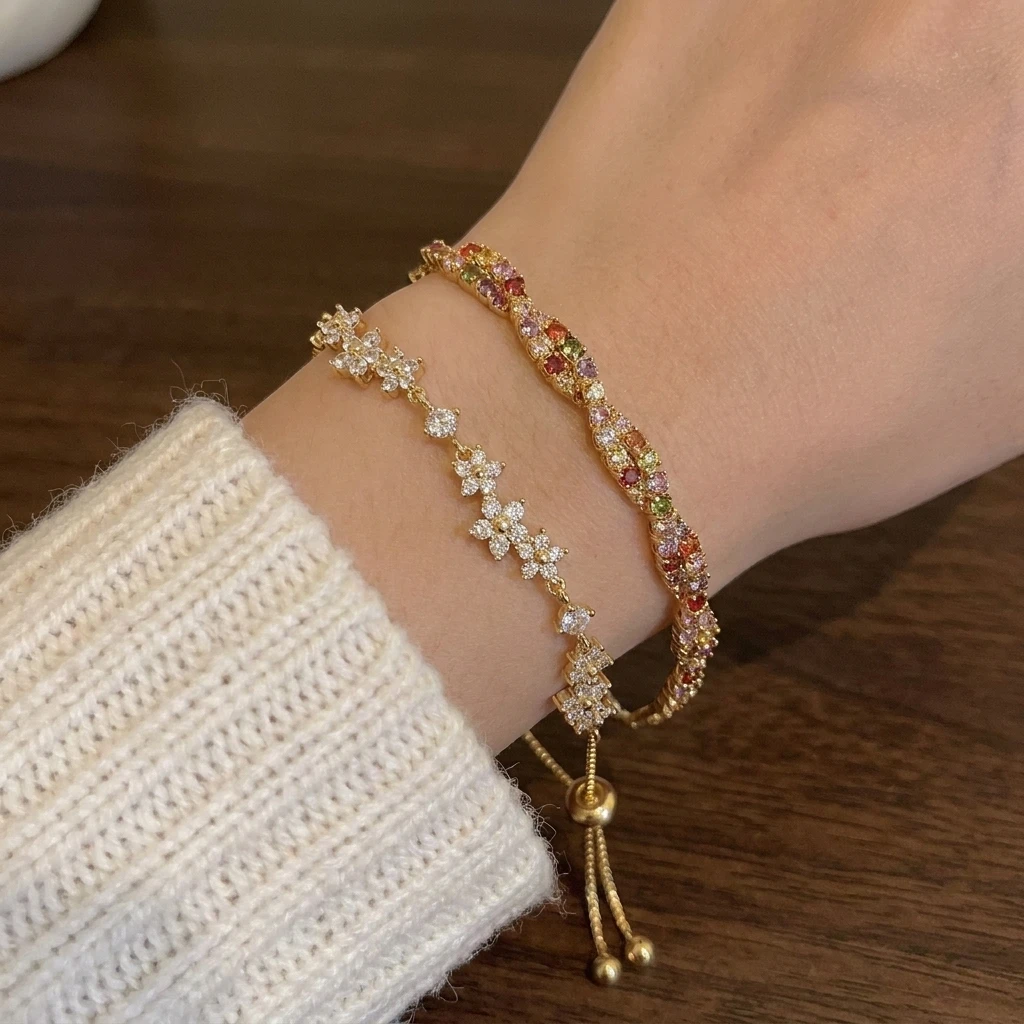Sweet Colorful Rhinestone Adjustable Drawstring Bracelet Set for Women Fashionable Trendy Layered Flower Jewelry Gift