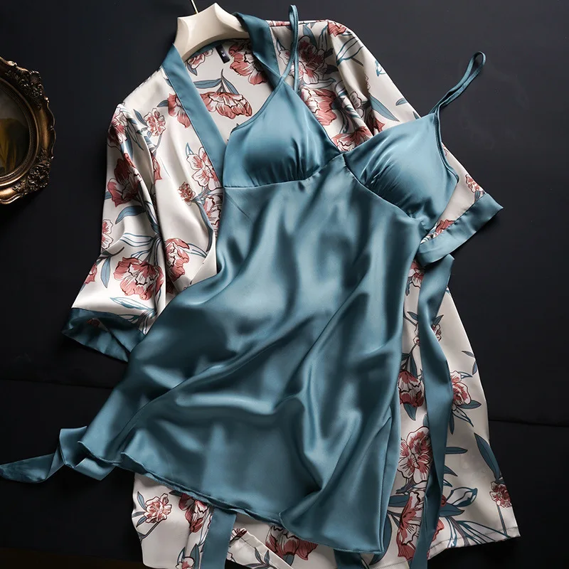 

Летний женский халат из 2 предметов, ночная рубашка, комплект с цветочным принтом, кружевное кимоно, халат, костюм, одежда для сна, атласное домашнее платье, ночная рубашка, домашняя одежда