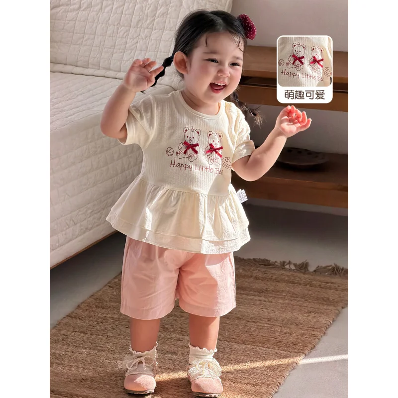 

Girls' short sleevesTShirt2026Summer stylish baby girl outfit with cute bow top and wide-leg pants