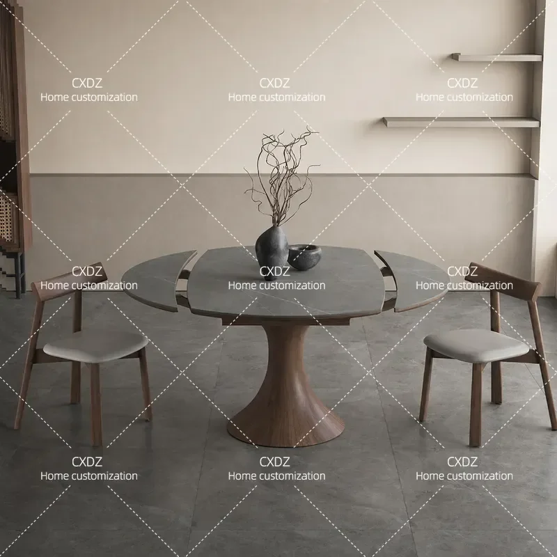 Nordic Solid Wood Dining Table with Induction Cooker Variable Round Folding Walnut Wabi Sabi Retractable Rock Slab Table
