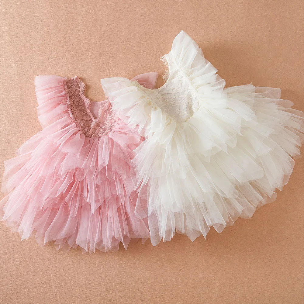 1-5Y Baby Party Princess Cake Dress Lace Tulle Costume Ruffle Sleeve Derss Solid Color Ball Gown Baby Girl Outfit