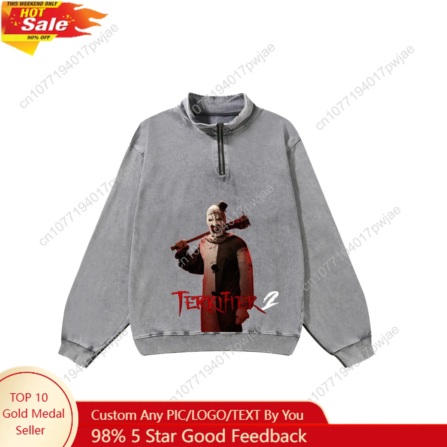 

Terrifier Clown halloween Custom Retro Sweatshirt Mans Womans Half Zipper Vintage Sweat Shirt Photo Custom Made Tops