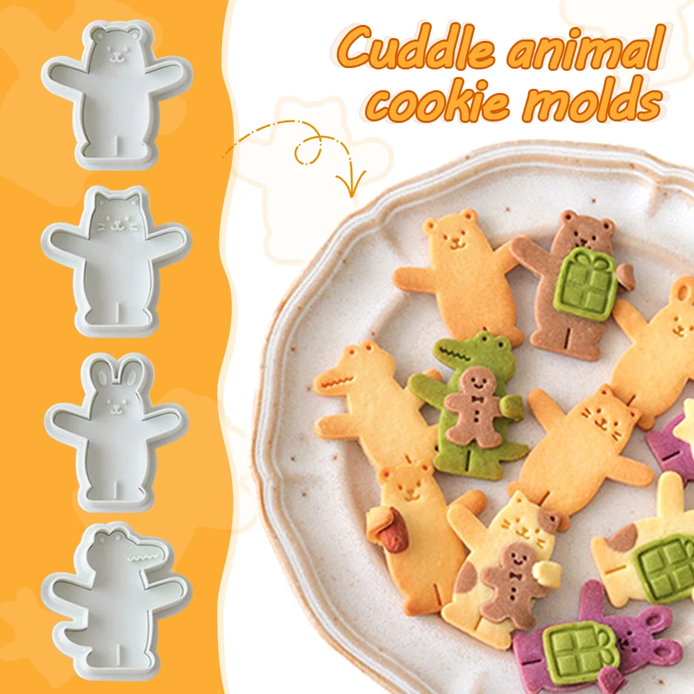 4Pcs/Set Cartoon Cookie Mold Rabbit Bear Crocodile Animal Cookie Cutting Mold Sugar Flipping Baking Press Tool For Family Games