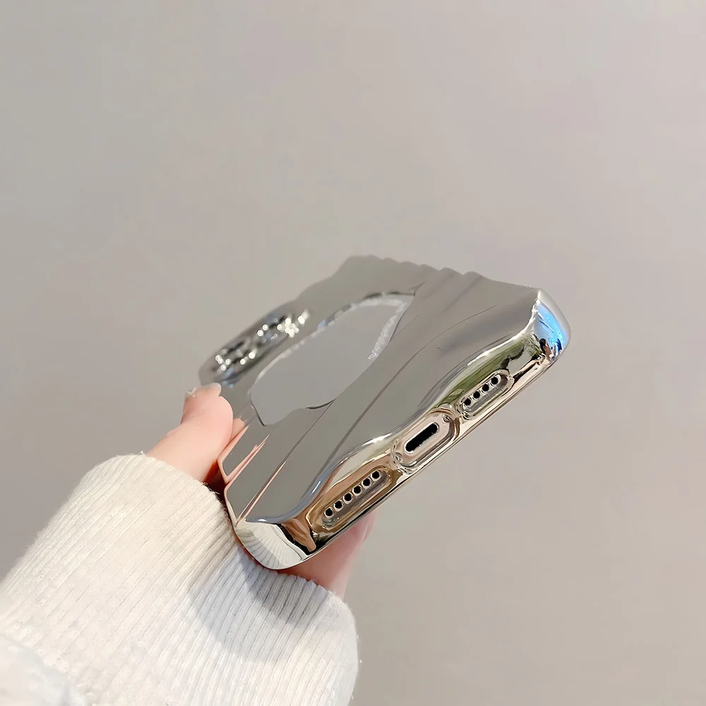 Чехол для телефона Flower Silver Mirror Wave Edge для iPhone 17 Pro, чехол для iPhone 13 14 12 11 15 16 Pro Max, мягкий глянцевый чехол со шнурком