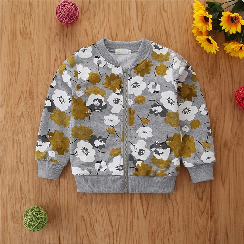 Kids Girls Jacket Long Sleeve Flower Print Zipper Closure Casual Outwear Fall Clothes