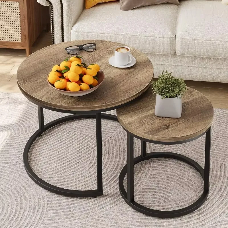 

Round Coffee Table Wood Grain Top with Adjustable Non-Slip Feet, Industrial End Table Side Tables for Living Room