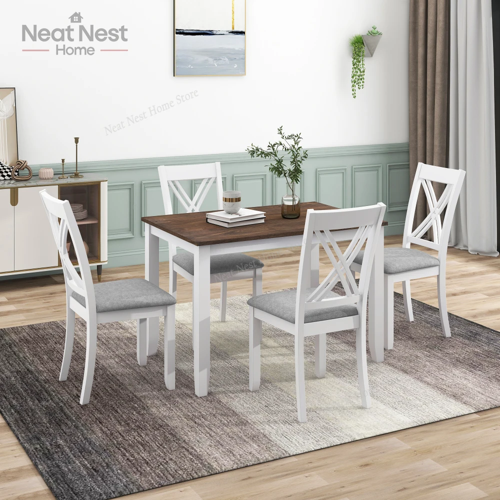 

TOPMAX Деревенский минималистичный деревянный обеденный стол из 5 предметов с 4 стульями с X-образной спинкой для небольших помещений, белый, столовые наборы, мебель