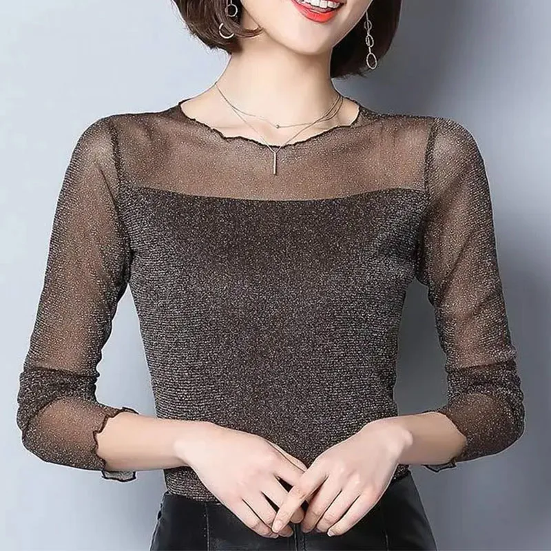 

Office Lady Bright Silk Gauze Slim T-Shirt Korean Fashion Spring Summer Women Pullover O-Neck Long Sleeve Casual Sexy Tops 2022