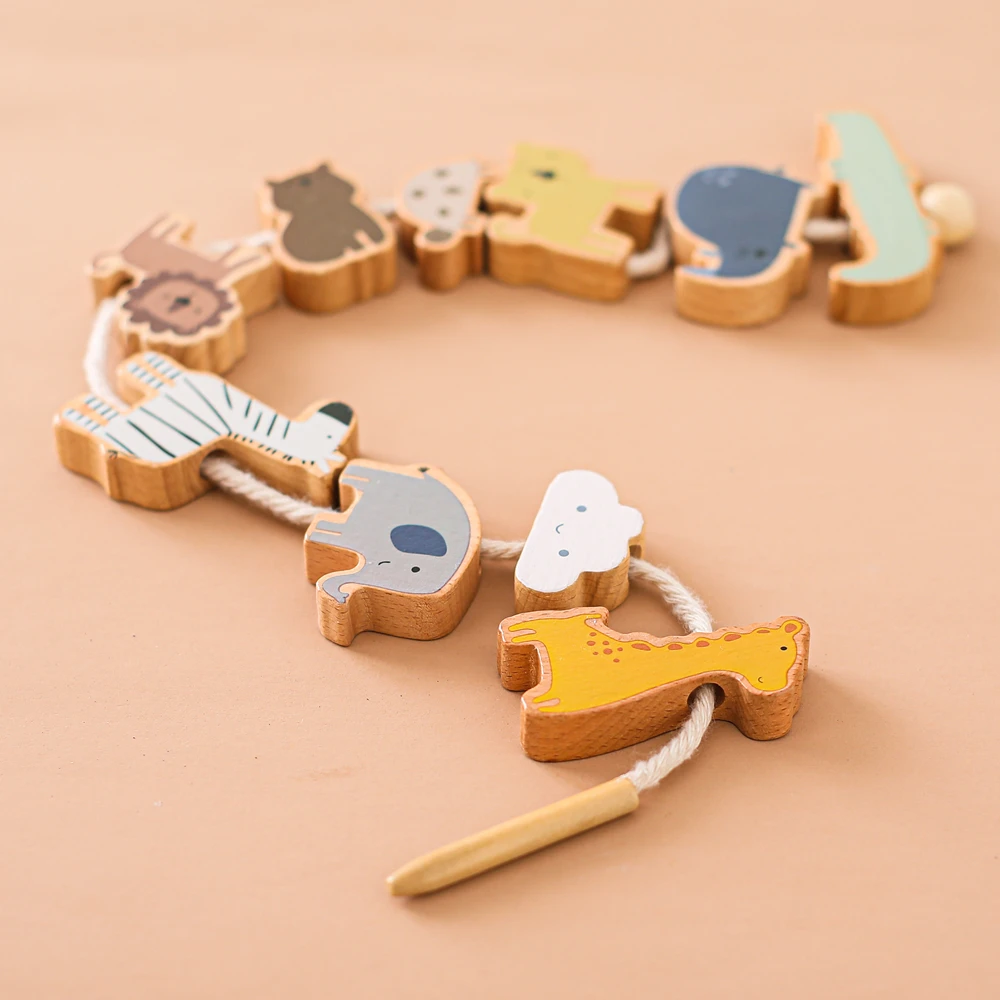 Wooden Animal Lacing Threading Toy Natural Wood 0 12 Month Baby Toys Hand Eye Coordination Stacking Game Fine Motor Skills Gift