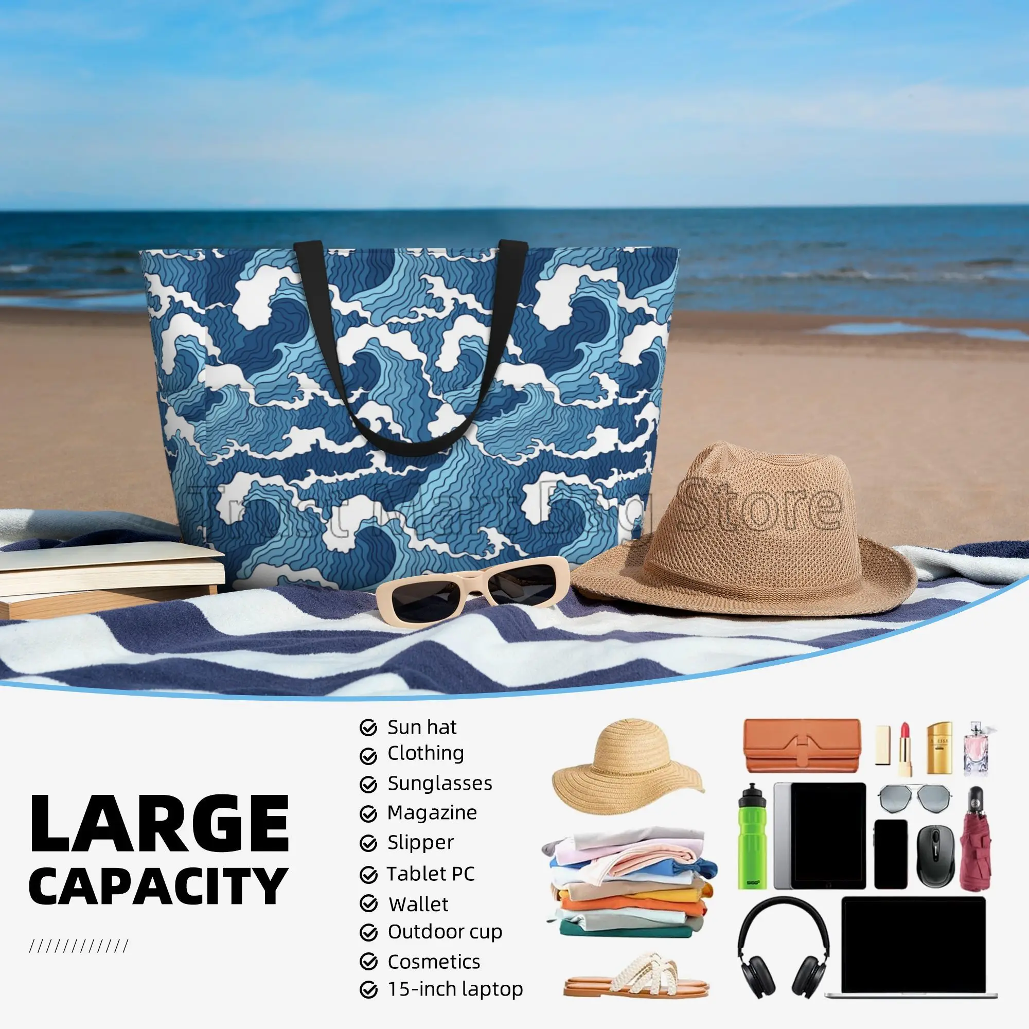 Sea Wave Beach Tote Bags for Women Waterproof Sandproof Large Pool Bag Stylish Zipper Beach Tote for Gym Travel Shopping School