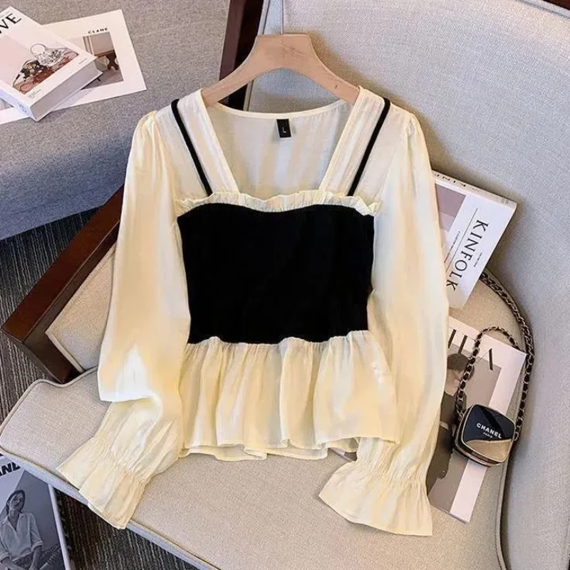 Xiaoxiangfeng Covers Her Stomach Fake Two White Shirts Women's Spring New Slimming Look Versatile Pullover Top Base Shirt