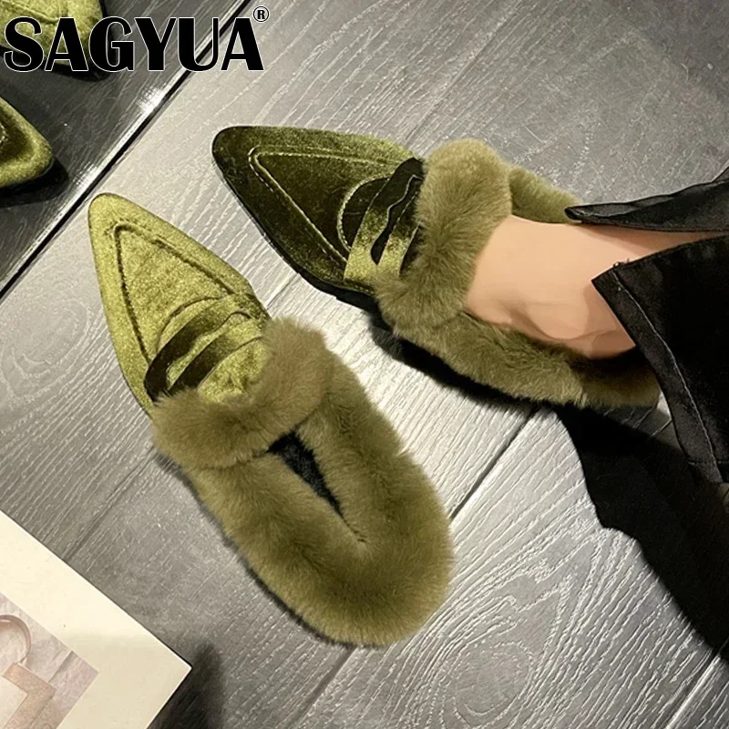 Suede Luxury Furry Slippers Women Plush Warm Home Shoes Ladies Pointed Toe Sexy Party Heels Winter Fur Slides Fad Botas De Mujer