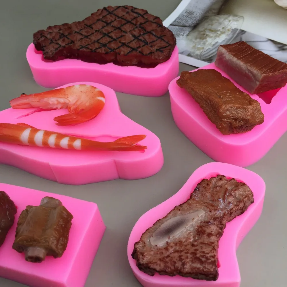 Creative Pork Ribs Steak Shrimp Shrimp Shapes Drip Glue Plaster Sugar Flipping and Hand Made DIY Silicone Kneading Baking Molds