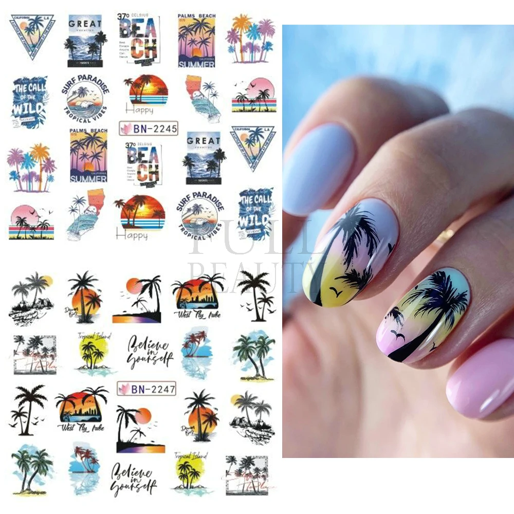 Palm Tree Nail Stickers Summer Ocean Nail Art Coconut Sliders Sea Sunset Water Transfer Decals Manicure Tattoos GLBN2245-2256