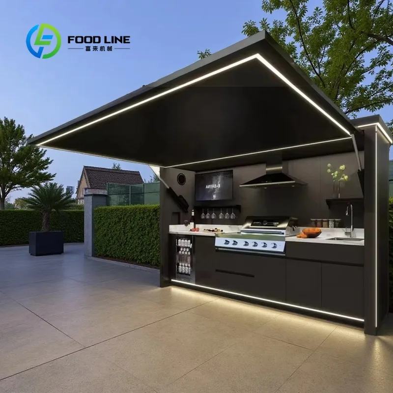 Customized Enclosed Shelter with Modular Kitchen Units and BBQ Outdoor Cabinets for Patio Backyard Events