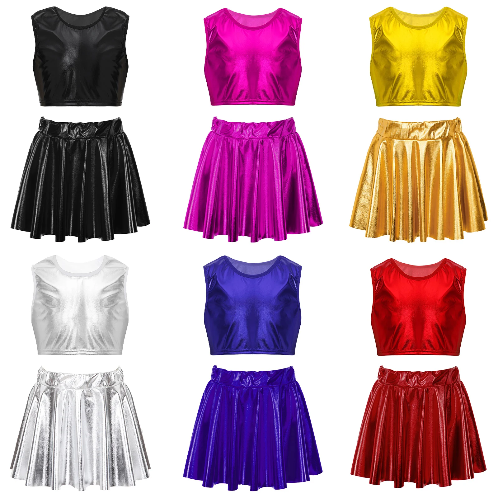 Kids Girls Shiny Metallic Dance Skirt Set Sleeveless Crop Tank Tops and Mini Skirt Skater Modern Jazz Hip-hop Dance Costumes