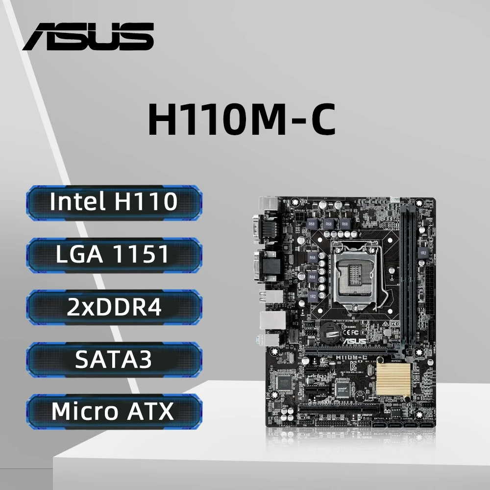 

Материнская плата ASUS H110M-C LGA 1151, поддержка процессора i5 6500 с использованием набора микросхем Intel H110 DDR4 и 8Gx2 PCI-E 3.0 USB3.0 Micro ATX