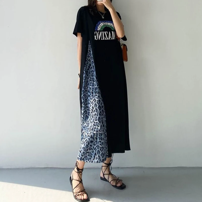 Robe t-shirt à manches courtes et col rond pour femmes, robes décontractées Y2K, patchwork léopard, impression Asells, mode estivale, nouveau