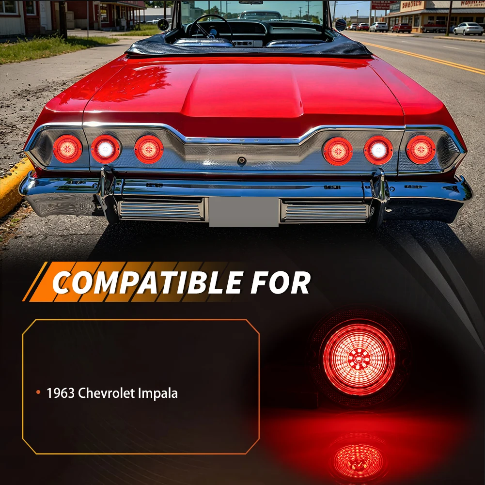 6Pcs For 1963 Chevrolet Impala Rear Bumper White LED Backup Light Reverse Light & Red LED Tail Light Brake Light Lamps DRL Light