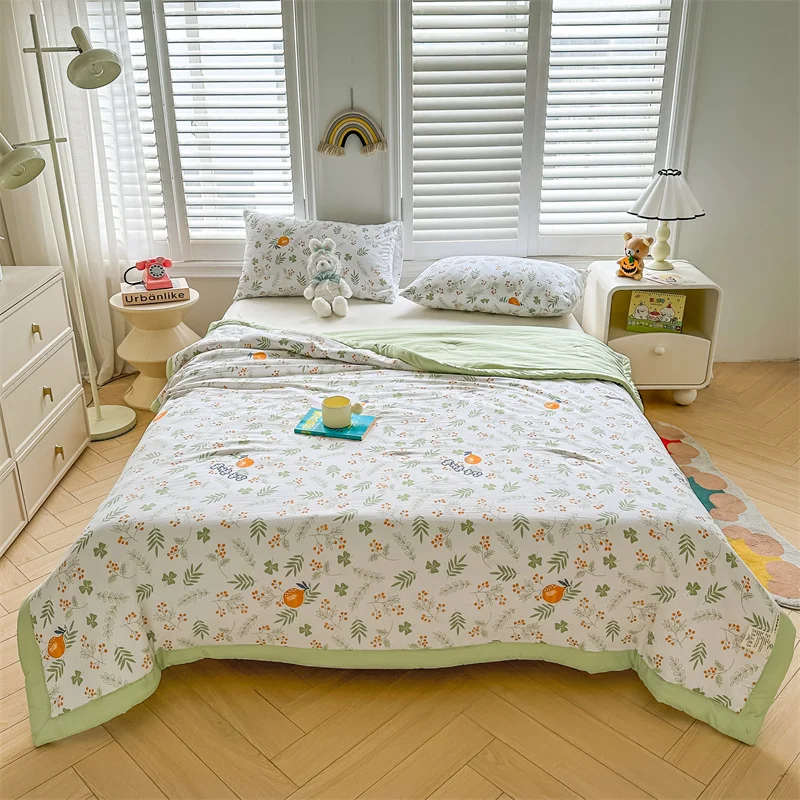 Nordic Cotton Filling Summer Quilt Washable Printed Comforters Thin Quilted Duvet Pastoral Style Comforter for Double Queen Bed
